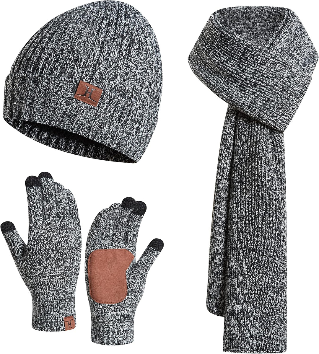 3PCS in 1 Winter Warm Knit Beanie Hat+Long Scarf+Touchscreen Gloves Set with Knit Fleece Lined for Men