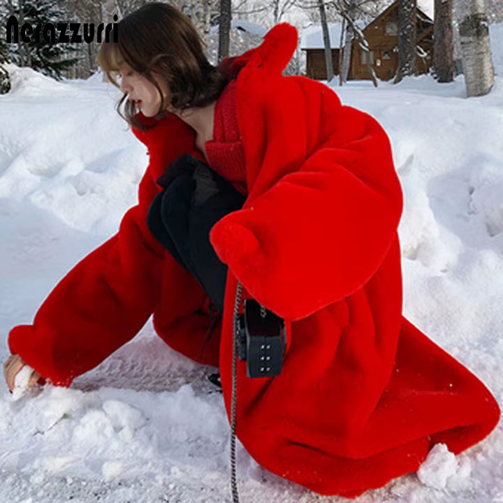 Oversized Red Thick Warm Soft Fluffy Faux Fur Coat Women 2022 Raglan Seeve Stylish Thick Long Fur Coats for Winter