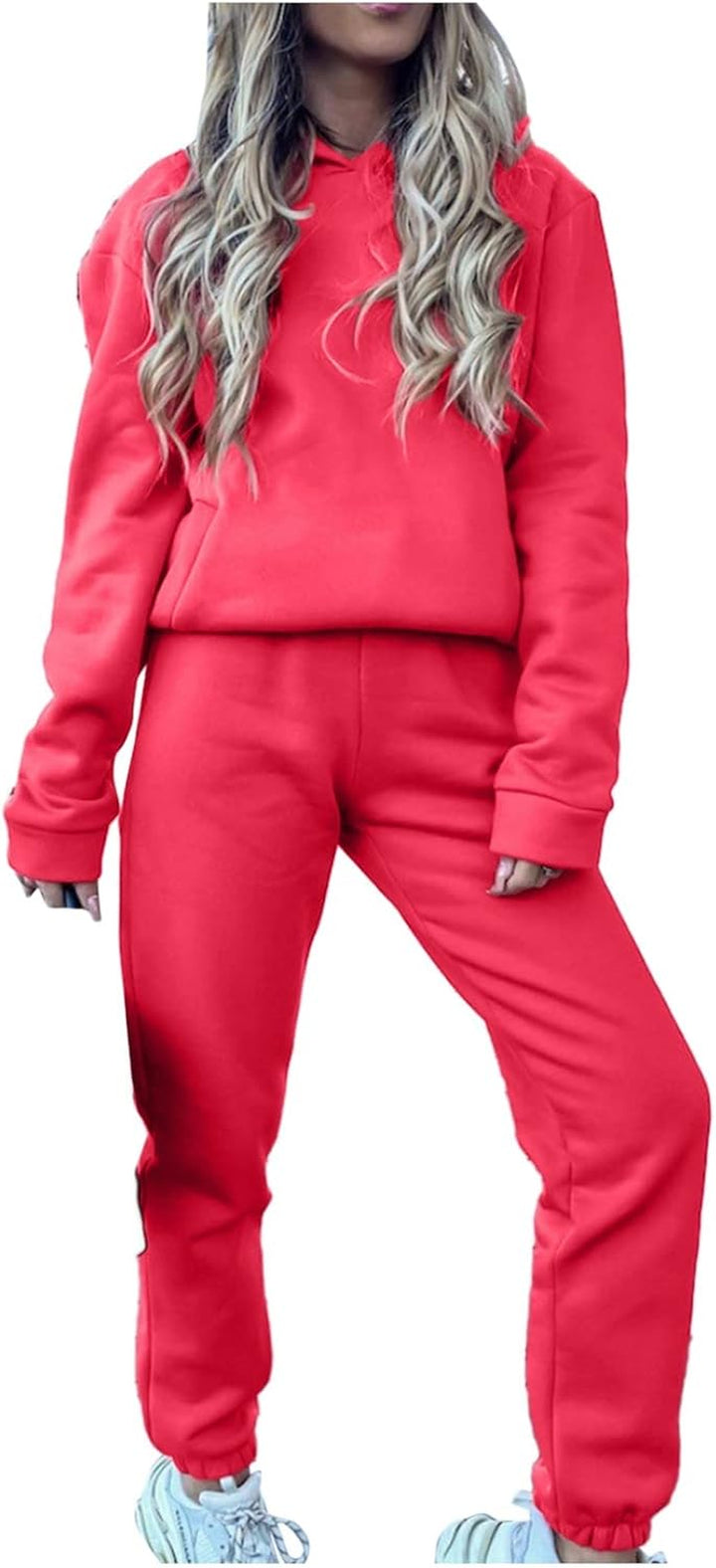 Women’S Solid Color Two Piece Outfit Long Sleeve Hoodie Pullover Tops with Sweatpants Sweatsuit Jogger Workout Set