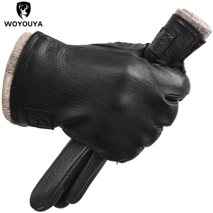 Winter Black Genuine Leather Men'S Gloves,Keep Warm Men'S Winter Gloves,Simple Deerskin Men'S Leather Gloves-8011A