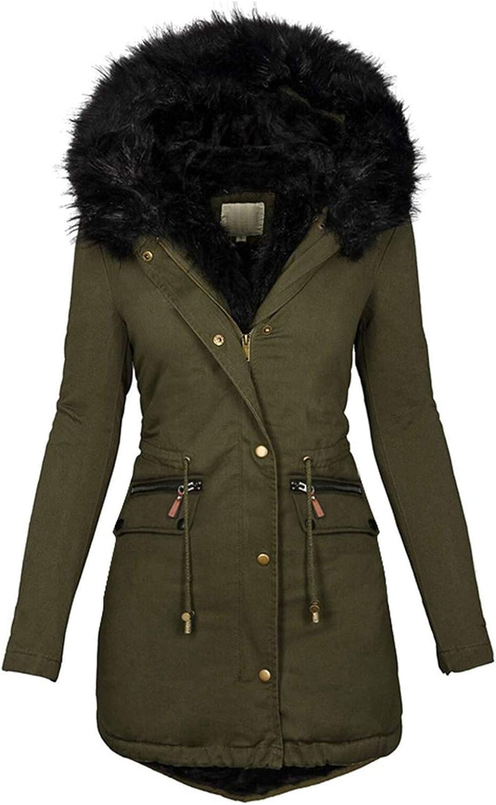 Women'S Winter Thick Coats plus Size Puffer Jacket Casual Velvet Warm Outwear Fleeced Lined Parka with Fur Hood