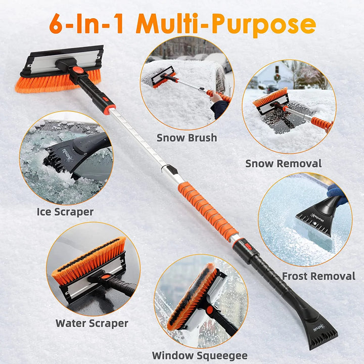 Windshield Ice Scrapers, 47.2" Snow Brush with Squeegee, Expendable Handle, 270° Pivoting Tool, Orange