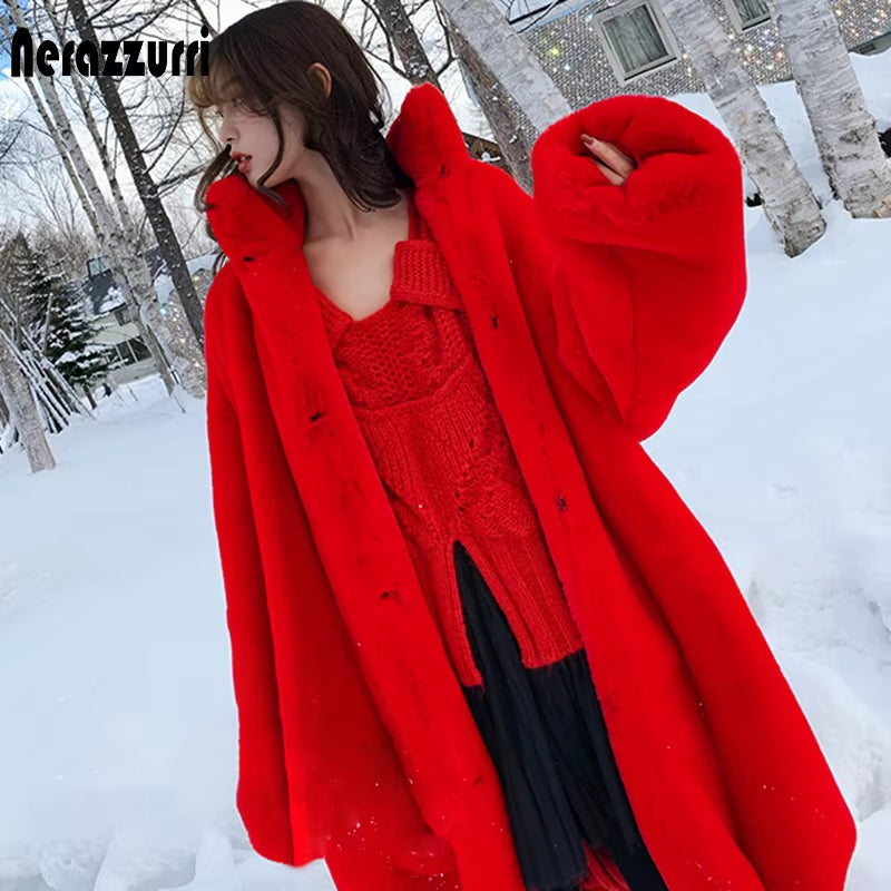 Oversized Red Thick Warm Soft Fluffy Faux Fur Coat Women 2022 Raglan Seeve Stylish Thick Long Fur Coats for Winter