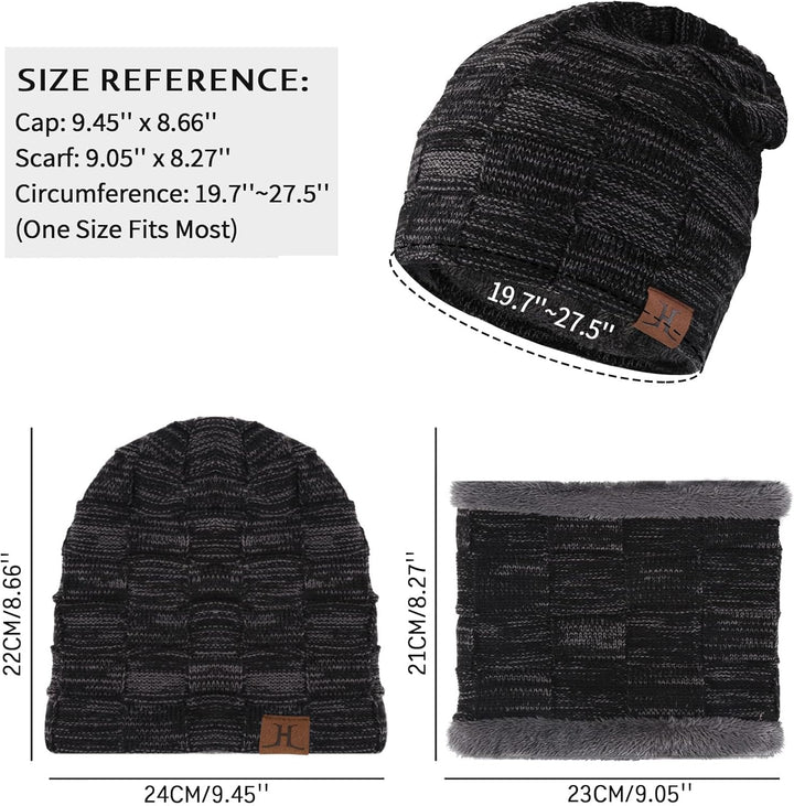 Mens Winter Beanie Hats Scarf Set Warm Knit Skull Cap Neck Warmer with Fleece Lined Winter Hat for Women