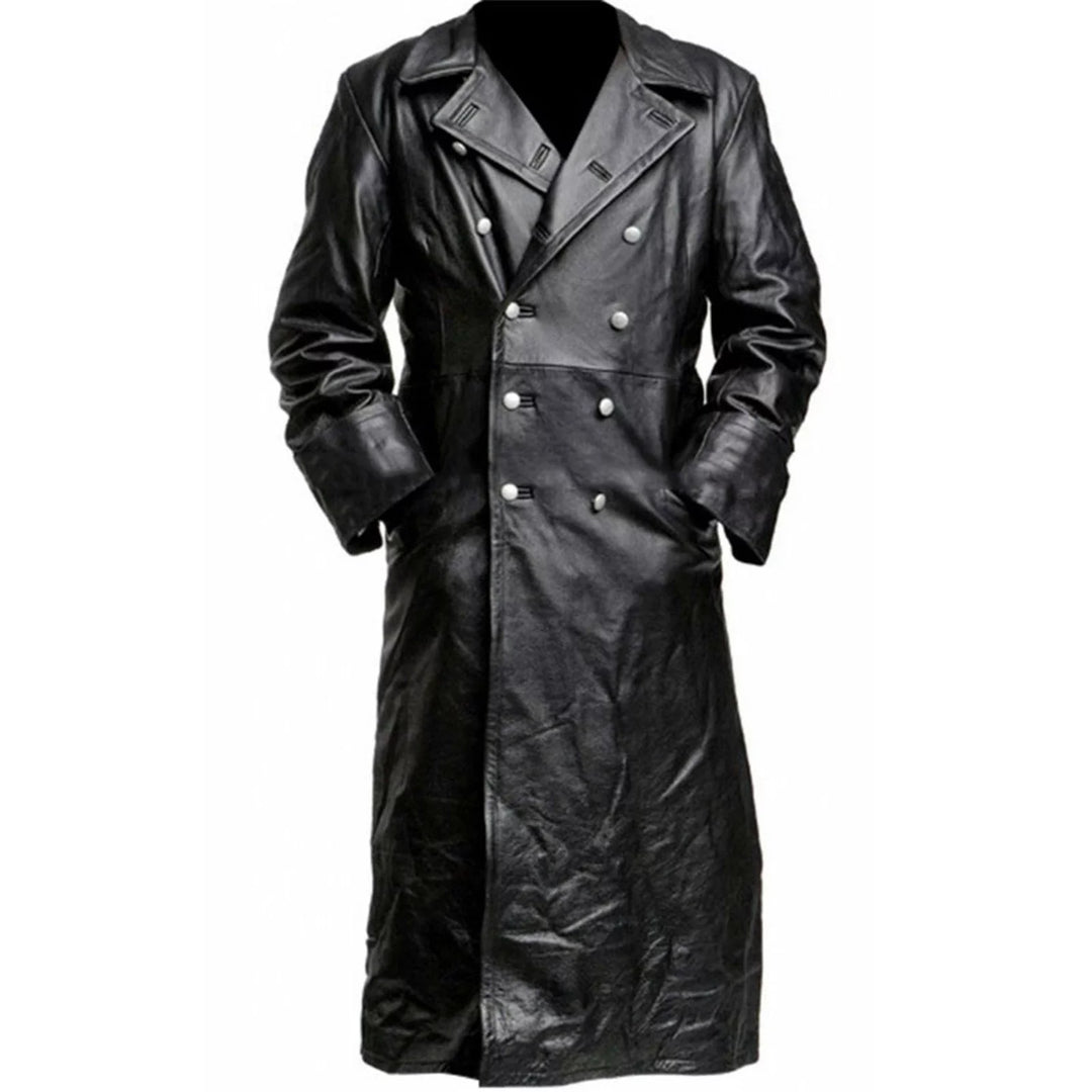 Mens Winter Leather Coats- Parka Long Sleeve Full Zip Solid Fashion Duster Leather Jacket Parka V Neck Jacket Black