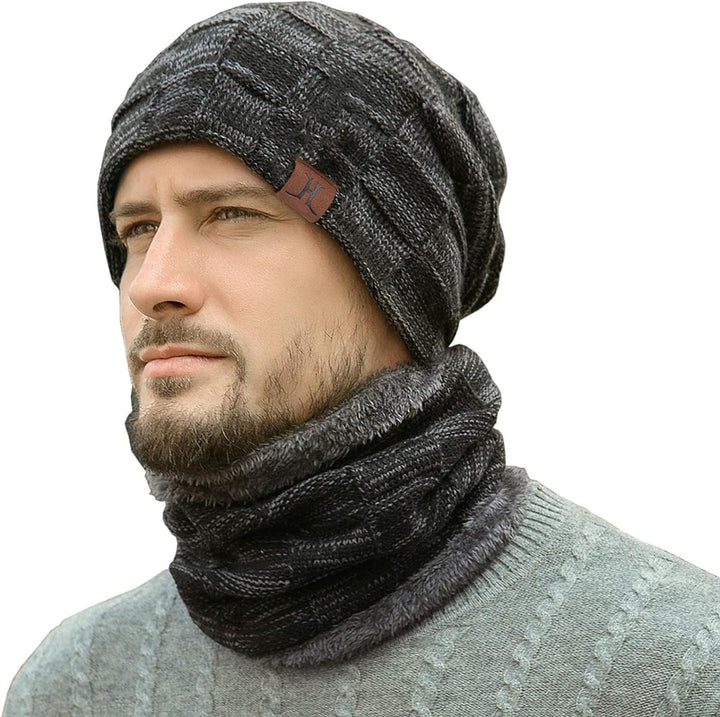 Mens Winter Beanie Hats Scarf Set Warm Knit Skull Cap Neck Warmer with Fleece Lined Winter Hat for Women