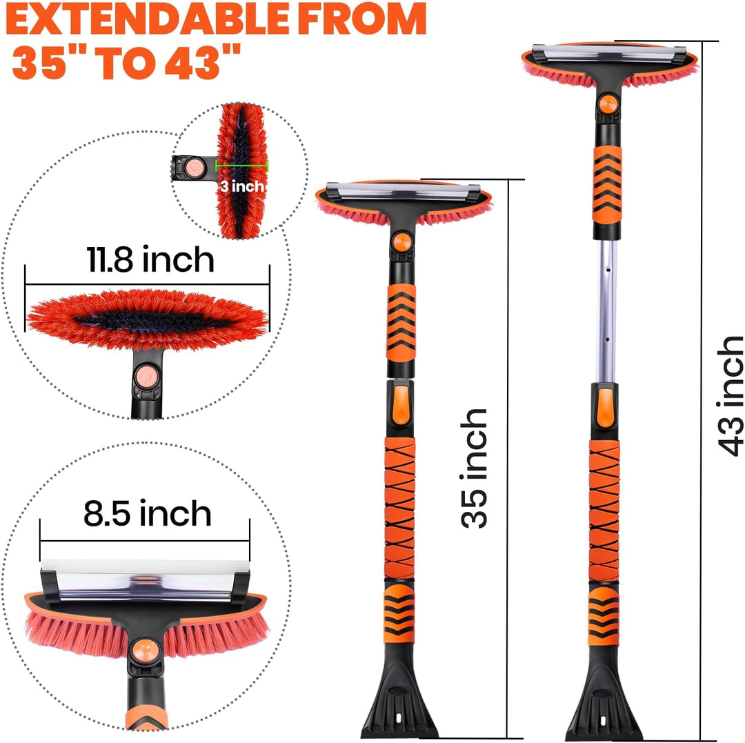 3-In-1 Snow Brush for Car, Ice Scrapers for Car Windshield Extendable, 180° Pivoting Snow Brush and Scraper with Squeegee and Eva Grip, for Truck Car Auto