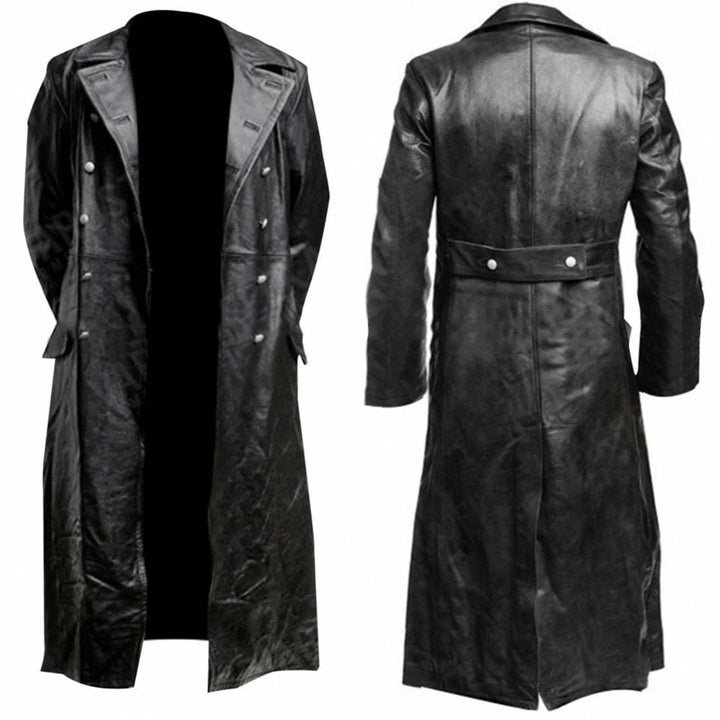 Mens Winter Leather Coats- Parka Long Sleeve Full Zip Solid Fashion Duster Leather Jacket Parka V Neck Jacket Black