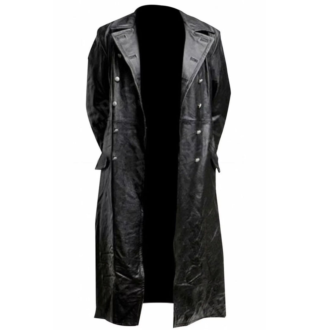 Mens Winter Leather Coats- Parka Long Sleeve Full Zip Solid Fashion Duster Leather Jacket Parka V Neck Jacket Black