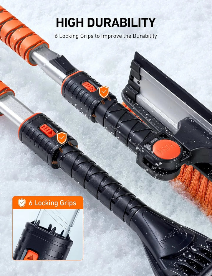 Windshield Ice Scrapers, 47.2" Snow Brush with Squeegee, Expendable Handle, 270° Pivoting Tool, Orange