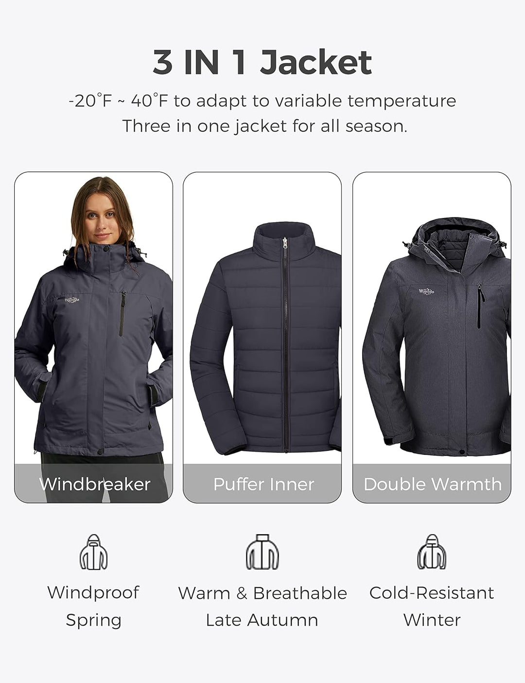 Women'S 3 in 1 Waterproof Ski Jacket Windproof Winter Snow Coat Snowboarding Jackets Warm Raincoat