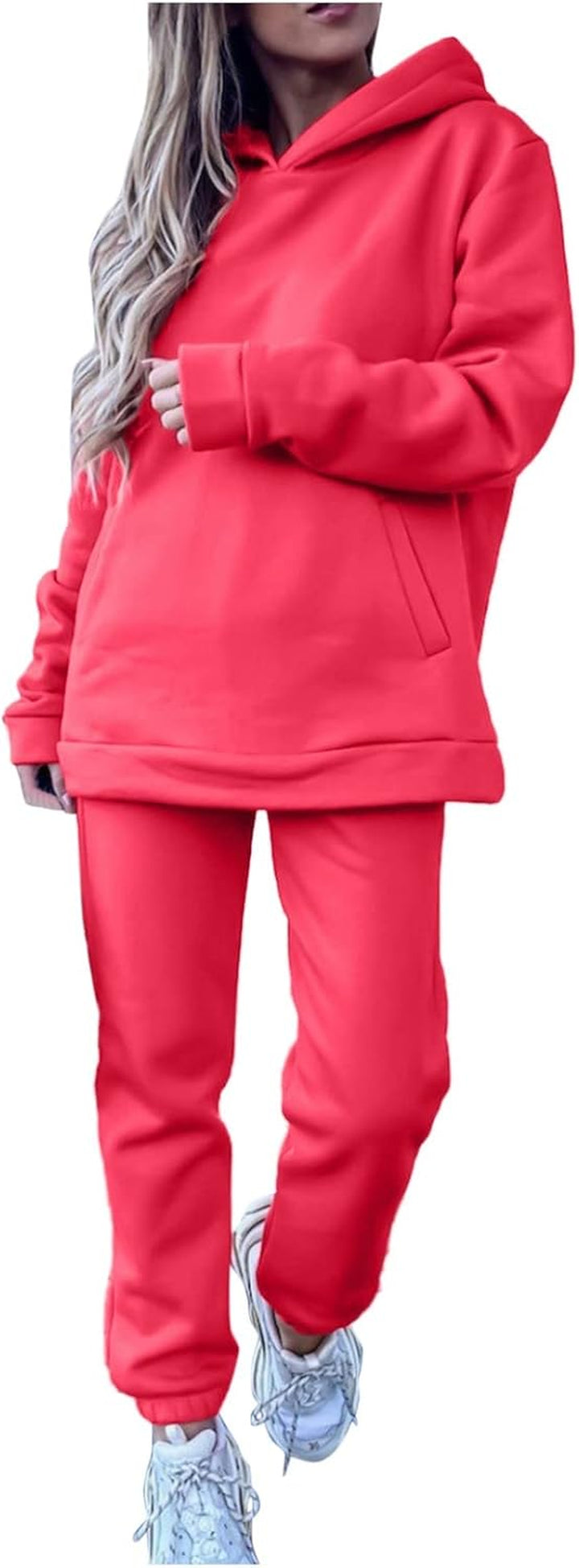 Women’S Solid Color Two Piece Outfit Long Sleeve Hoodie Pullover Tops with Sweatpants Sweatsuit Jogger Workout Set