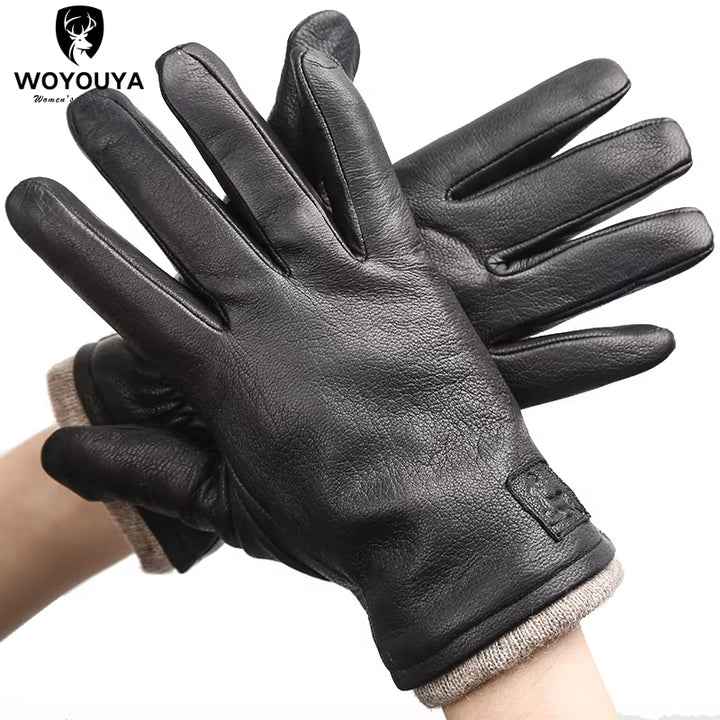 Winter Black Genuine Leather Men'S Gloves,Keep Warm Men'S Winter Gloves,Simple Deerskin Men'S Leather Gloves-8011A