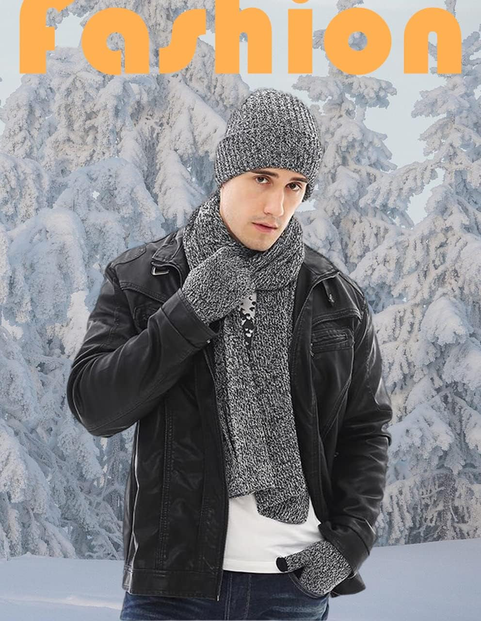 3PCS in 1 Winter Warm Knit Beanie Hat+Long Scarf+Touchscreen Gloves Set with Knit Fleece Lined for Men