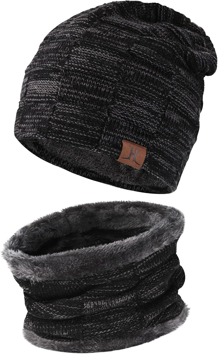 Mens Winter Beanie Hats Scarf Set Warm Knit Skull Cap Neck Warmer with Fleece Lined Winter Hat for Women