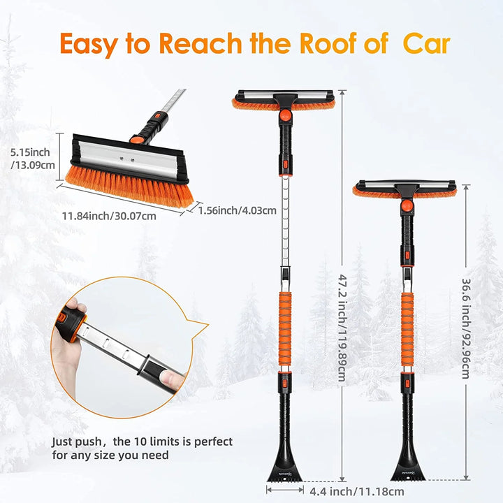 Windshield Ice Scrapers, 47.2" Snow Brush with Squeegee, Expendable Handle, 270° Pivoting Tool, Orange