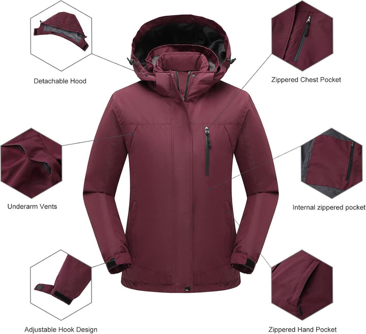 Women'S 3 in 1 Ski Jacket Mountain Waterproof Windproof Winter Snow Coat Hike Snowboarding Jackets Hooded Warm Raincoat