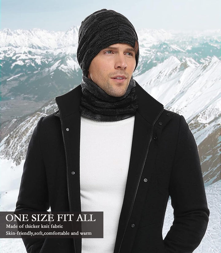 Mens Winter Beanie Hats Scarf Set Warm Knit Skull Cap Neck Warmer with Fleece Lined Winter Hat for Women