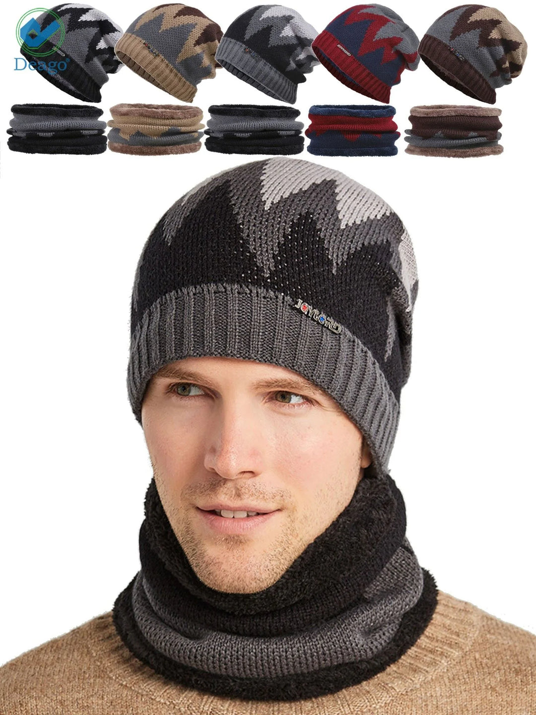 Winter Beanie Hats Scarf Set Warm Knit Hats Skull Cap Neck Warmer with Thick Fleece Lined Winter Hat & Scarf for Men (Gray)