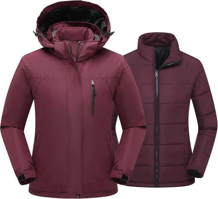 Women'S 3 in 1 Ski Jacket Mountain Waterproof Windproof Winter Snow Coat Hike Snowboarding Jackets Hooded Warm Raincoat