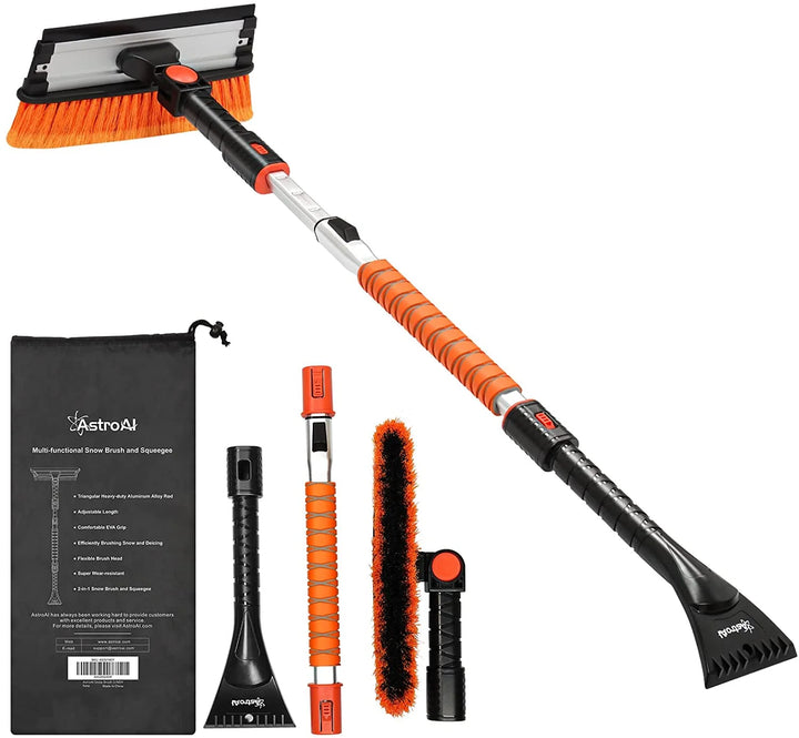 Windshield Ice Scrapers, 47.2" Snow Brush with Squeegee, Expendable Handle, 270° Pivoting Tool, Orange