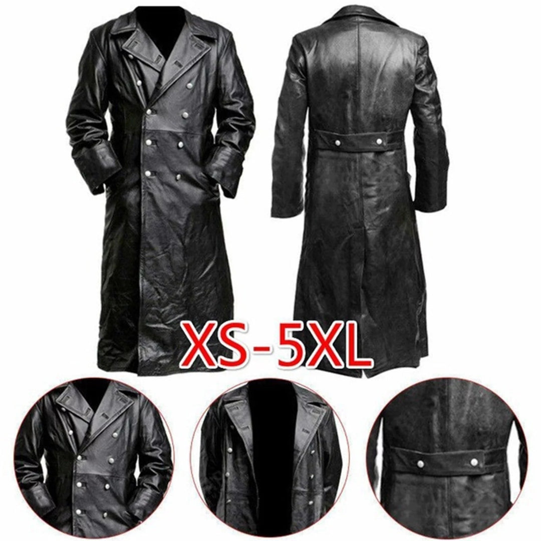 Mens Winter Leather Coats- Parka Long Sleeve Full Zip Solid Fashion Duster Leather Jacket Parka V Neck Jacket Black