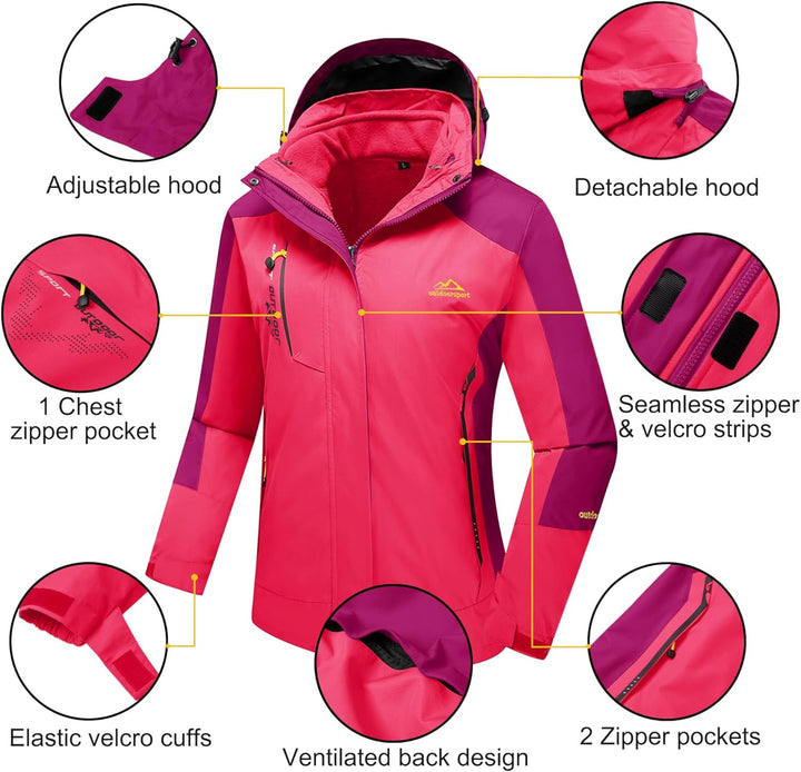 Women'S 3-In-1 Winter Coats Snow Ski Jacket Waterproof Windproof Fleece Lined Winter Jacket Parka