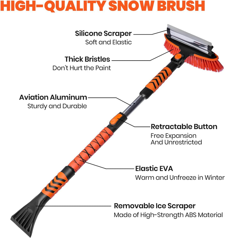 3-In-1 Snow Brush for Car, Ice Scrapers for Car Windshield Extendable, 180° Pivoting Snow Brush and Scraper with Squeegee and Eva Grip, for Truck Car Auto