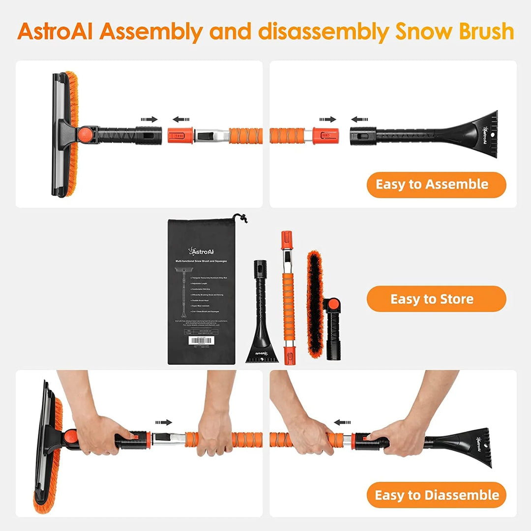 Windshield Ice Scrapers, 47.2" Snow Brush with Squeegee, Expendable Handle, 270° Pivoting Tool, Orange