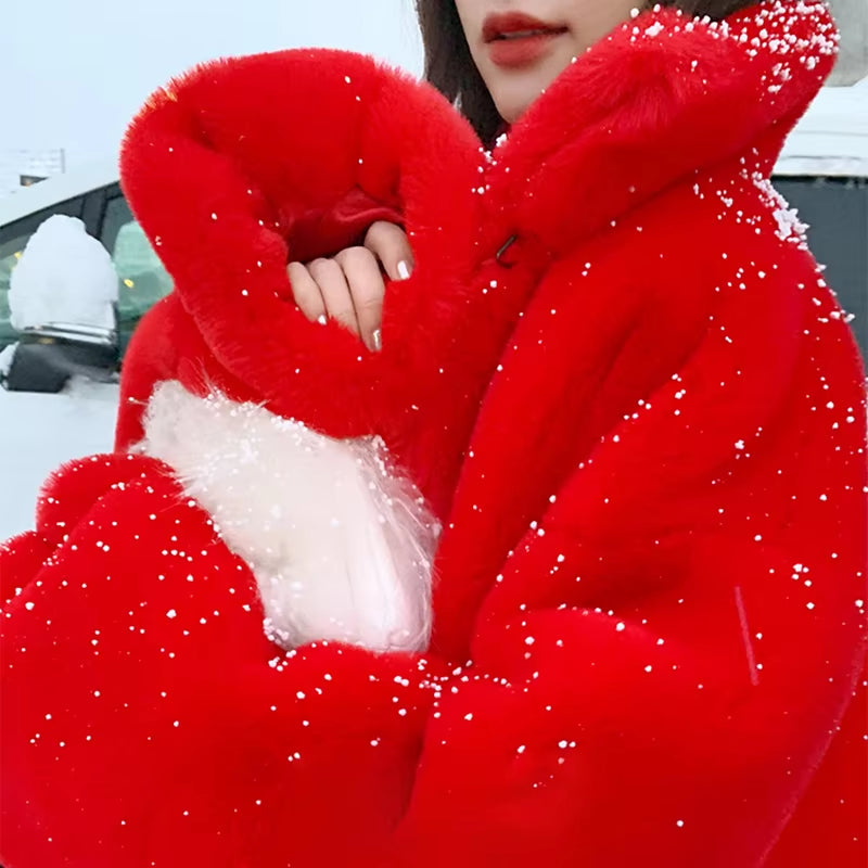 Oversized Red Thick Warm Soft Fluffy Faux Fur Coat Women 2022 Raglan Seeve Stylish Thick Long Fur Coats for Winter