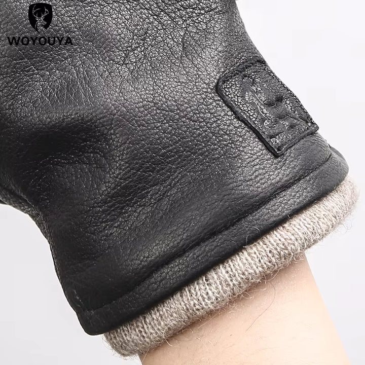 Winter Black Genuine Leather Men'S Gloves,Keep Warm Men'S Winter Gloves,Simple Deerskin Men'S Leather Gloves-8011A