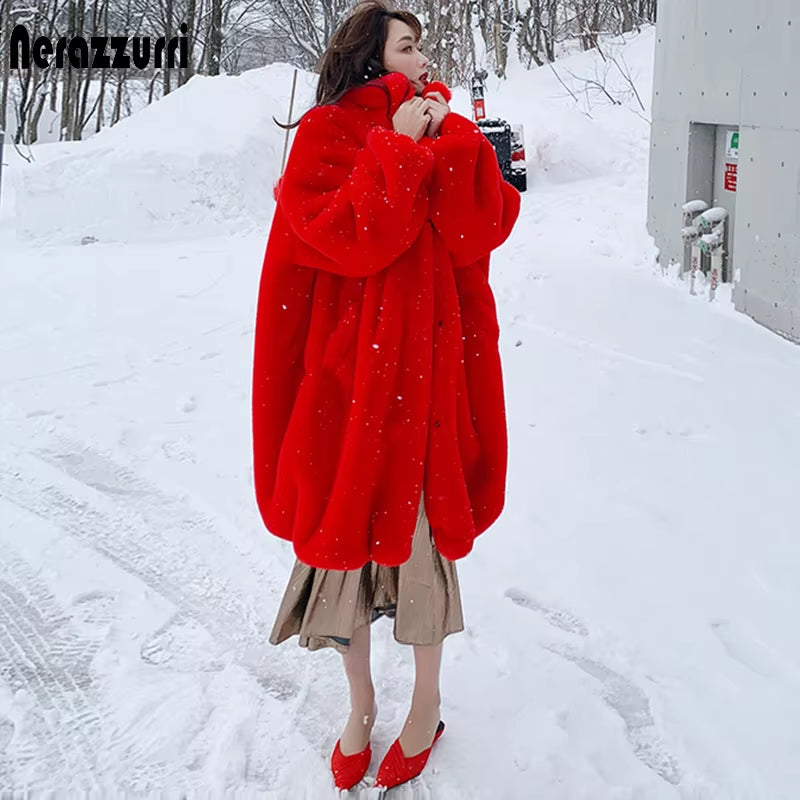 Oversized Red Thick Warm Soft Fluffy Faux Fur Coat Women 2022 Raglan Seeve Stylish Thick Long Fur Coats for Winter