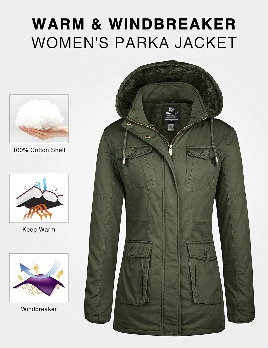 Women'S Winter Parka Coat Sherpa Lined Warm Cotton Jacket with Removable Hood