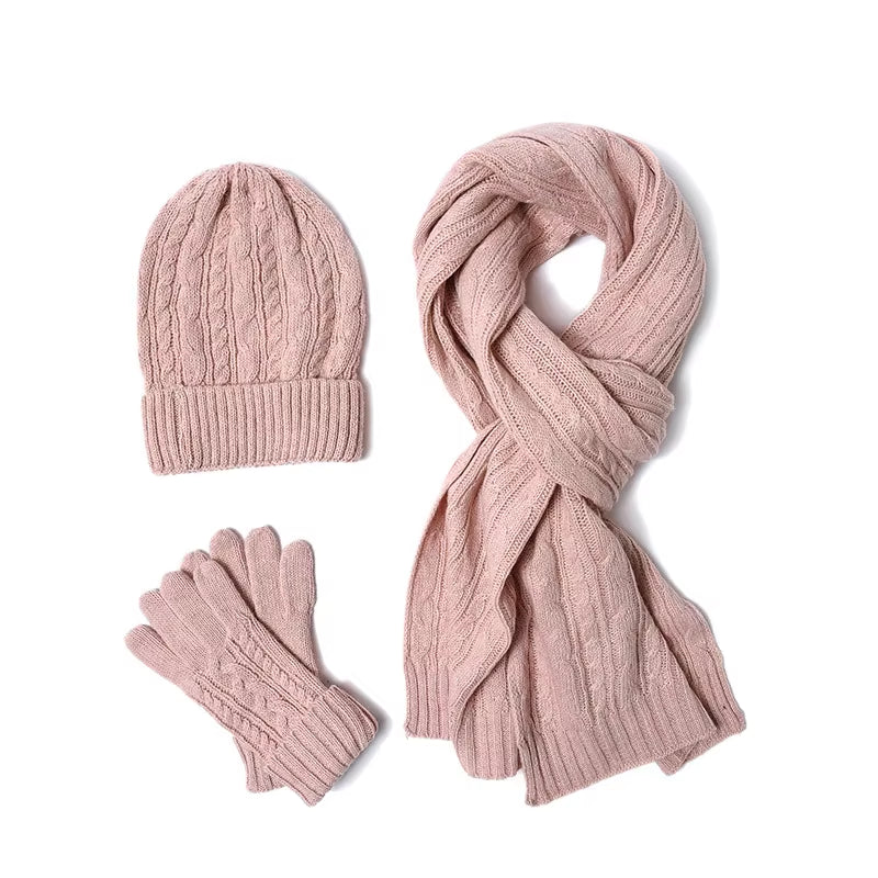 3PC Knitted Hat Scarf Glove Sets for Women'S Winter Warm Wool Twist Cap Gorros Bonnet Solid Headband Knit Scarf New Year'S Gift